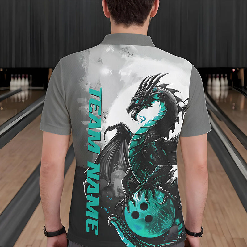 Black And Turquoise Blue Custom Dragon Bowling Polo Shirts For Men, Bowling Team Shirts IPHW8820