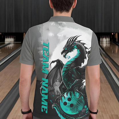 Black And Turquoise Blue Custom Dragon Bowling Polo Shirts For Men, Bowling Team Shirts IPHW8820