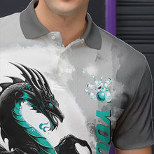 Load image into Gallery viewer, Black And Turquoise Blue Custom Dragon Bowling Polo Shirts For Men, Bowling Team Shirts IPHW8820