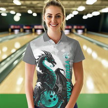 Load image into Gallery viewer, Black And Turquoise Blue Custom Dragon Bowling Polo Shirts For Women, Bowling Team Shirts IPHW8820