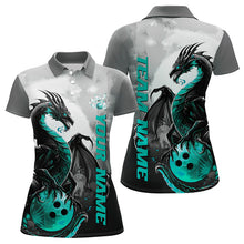 Load image into Gallery viewer, Black And Turquoise Blue Custom Dragon Bowling Polo Shirts For Women, Bowling Team Shirts IPHW8820