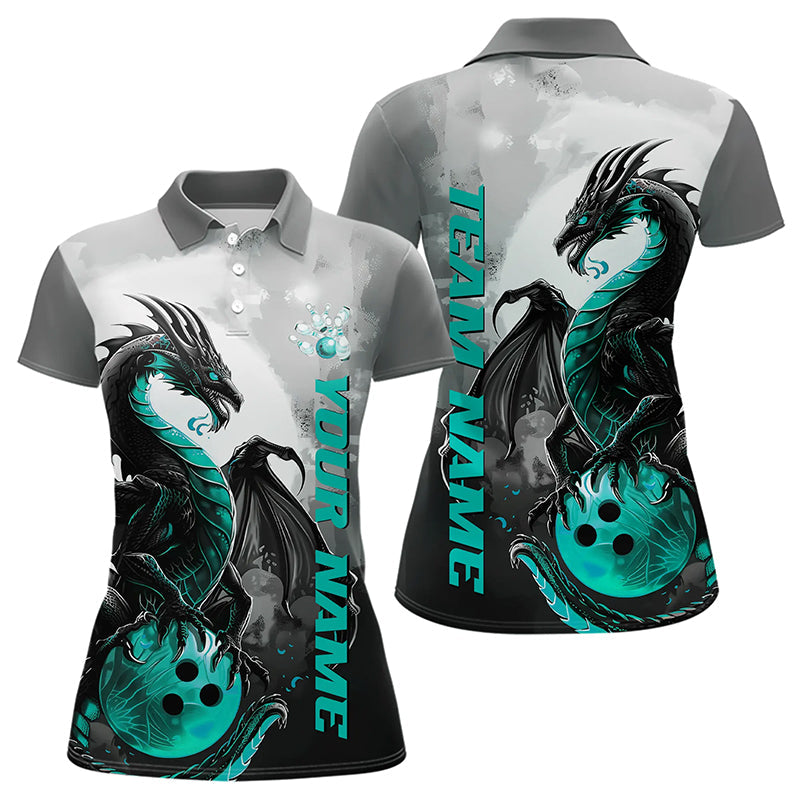 Black And Turquoise Blue Custom Dragon Bowling Polo Shirts For Women, Bowling Team Shirts IPHW8820