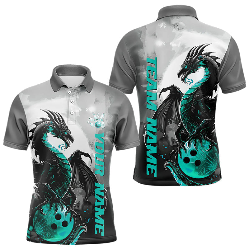 Black And Turquoise Blue Custom Dragon Bowling Polo Shirts For Men, Bowling Team Shirts IPHW8820