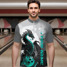 Load image into Gallery viewer, Black And Turquoise Blue Custom Dragon Bowling Quarter-Zip Shirts For Men, Bowling Team Shirts IPHW8820