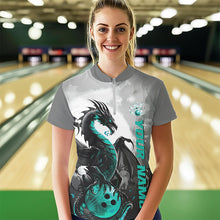 Load image into Gallery viewer, Black And Turquoise Blue Custom Dragon Bowling Women Quarter-Zip Shirts, Bowling Team Shirt IPHW8820