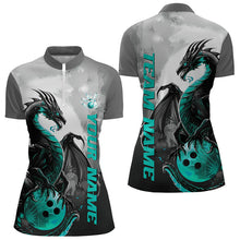 Load image into Gallery viewer, Black And Turquoise Blue Custom Dragon Bowling Women Quarter-Zip Shirts, Bowling Team Shirt IPHW8820
