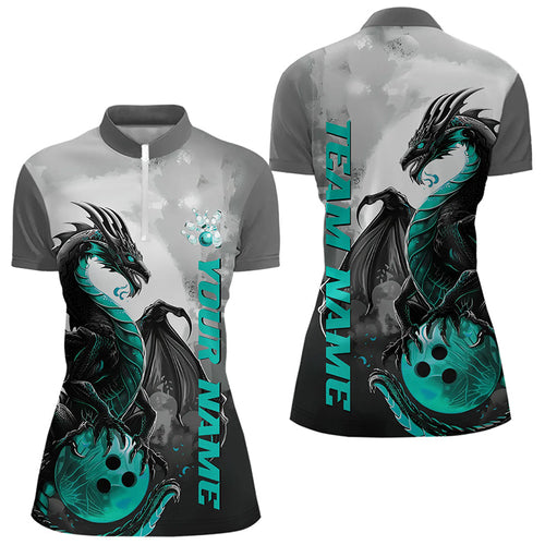 Black And Turquoise Blue Custom Dragon Bowling Women Quarter-Zip Shirts, Bowling Team Shirt IPHW8820