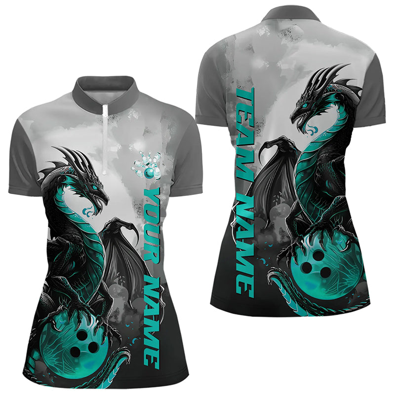 Black And Turquoise Blue Custom Dragon Bowling Women Quarter-Zip Shirts, Bowling Team Shirt IPHW8820