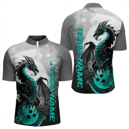 Black And Turquoise Blue Custom Dragon Bowling Quarter-Zip Shirts For Men, Bowling Team Shirts IPHW8820