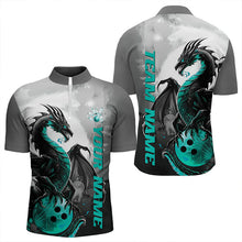 Load image into Gallery viewer, Black And Turquoise Blue Custom Dragon Bowling Quarter-Zip Shirts For Men, Bowling Team Shirts IPHW8820