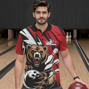 Personalized Bear Bowling Polo Shirts For Men, Bear Bowling Team Red Bowling League Shirt IPHW8827