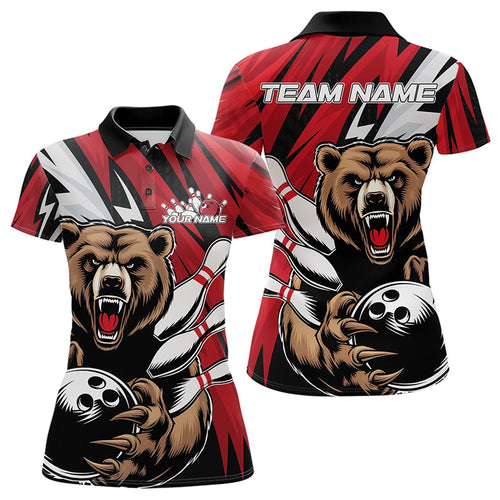 Personalized Bear Bowling Polo Shirts For Women, Bear Bowling Team Red Bowling League Shirt IPHW8827