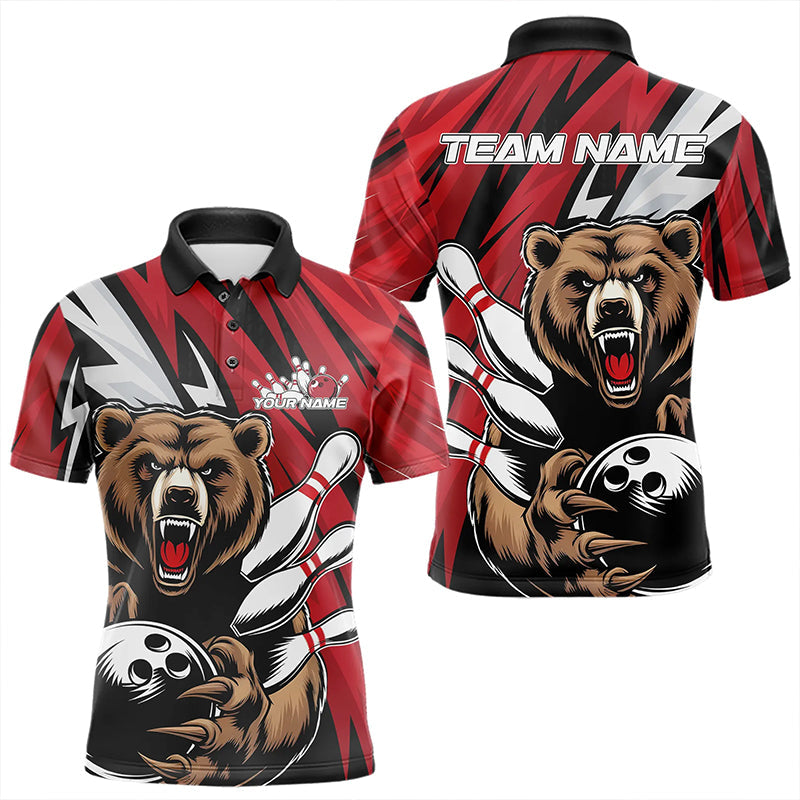 Personalized Bear Bowling Polo Shirts For Men, Bear Bowling Team Red Bowling League Shirt IPHW8827