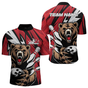 Personalized Bear Bowling Quarter-Zip Shirts For Men, Bear Bowling Team Red Bowling League Shirt IPHW8827