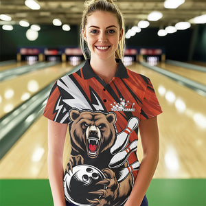 Personalized Bear Bowling Womens Polo Shirts, Bear Bowling Team Orange Bowling League Shirt IPHW8828