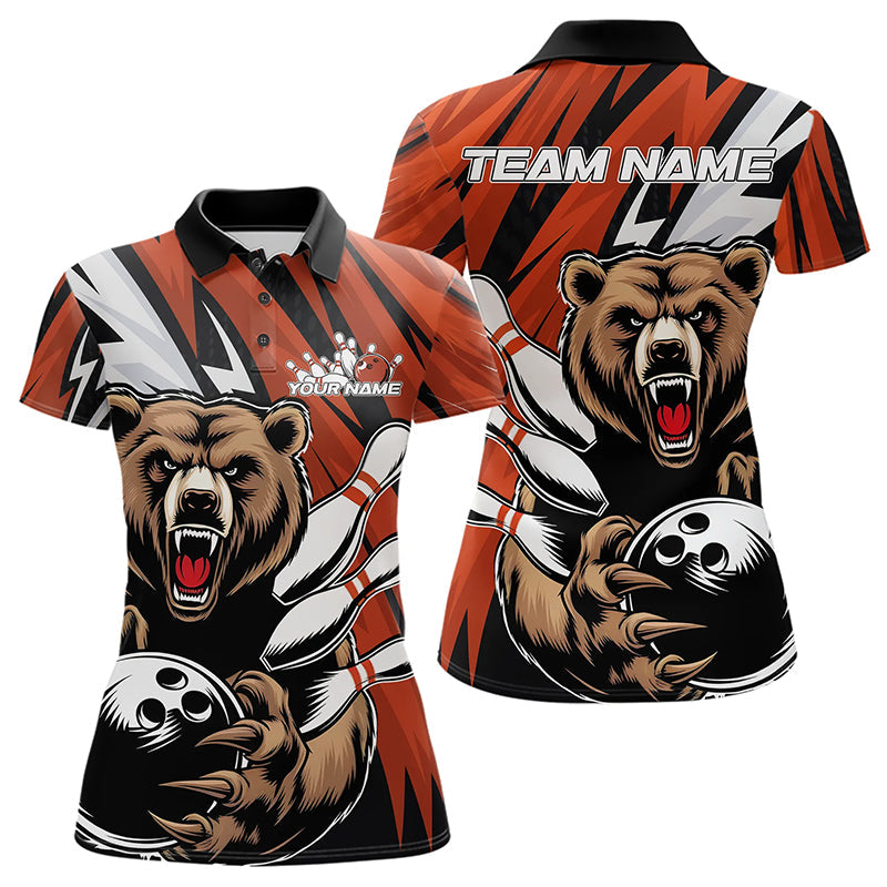 Personalized Bear Bowling Womens Polo Shirts, Bear Bowling Team Orange Bowling League Shirt IPHW8828