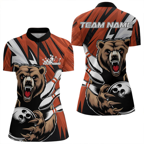 Personalized Bear Bowling Quarter-Zip Shirts For Women, Orange Team Bowling League Shirt IPHW8828