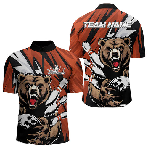 Personalized Bear Bowling Quarter-Zip Shirts For Men, Bear Bowling Team Orange Bowling League Shirt IPHW8828