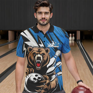 Personalized Bear Bowling Polo Shirts For Men, Bear Bowling Team Blue Bowling League Shirt IPHW8829