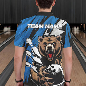 Personalized Bear Bowling Polo Shirts For Men, Bear Bowling Team Blue Bowling League Shirt IPHW8829