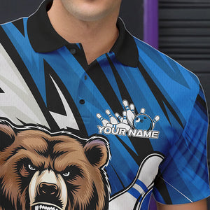 Personalized Bear Bowling Polo Shirts For Men, Bear Bowling Team Blue Bowling League Shirt IPHW8829