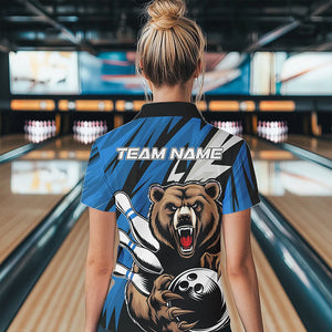 Personalized Bear Bowling Polo Shirt For Women, Bear Bowling Team Blue Bowling League Shirt IPHW8829