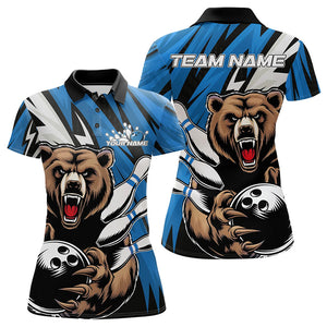 Personalized Bear Bowling Polo Shirt For Women, Bear Bowling Team Blue Bowling League Shirt IPHW8829