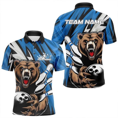 Personalized Bear Bowling Polo Shirts For Men, Bear Bowling Team Blue Bowling League Shirt IPHW8829