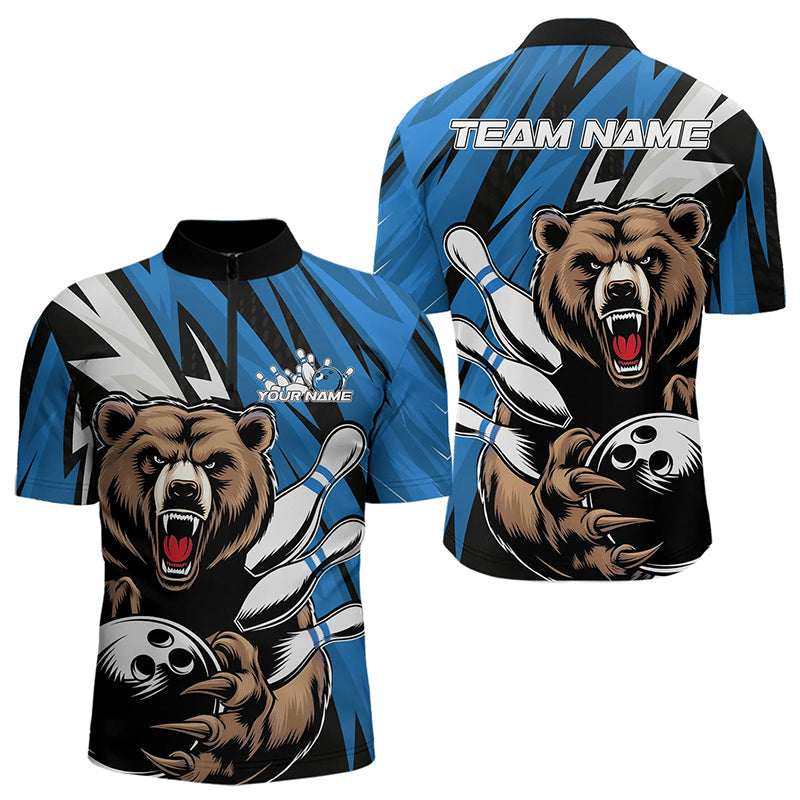 Personalized Bear Bowling Quarter-Zip Shirts For Men, Bear Bowling Team Blue Bowling League Shirt IPHW8829