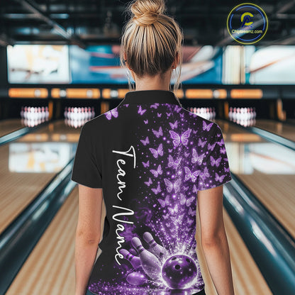 Custom Purple Butterfly Women Bowling Polo Shirt, Bowling League Shirt IPHW10905