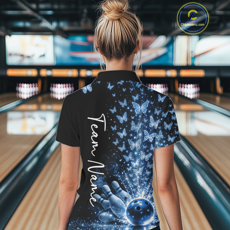 Custom Blue Butterfly Women Bowling Polo Shirt, Bowling League Shirt IPHW10906