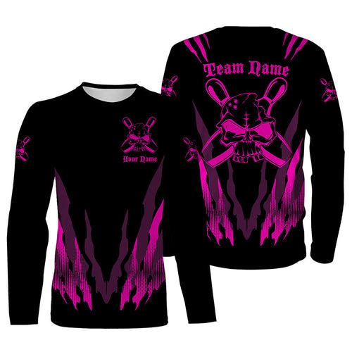 Pink And Black Custom Long Sleeve Bowling Shirts For Men And Women, Skull Bowling Polo Shirt Bowling Uniform IPHW4485