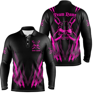 Pink And Black Custom Long Sleeve Bowling Shirts For Men, Skull Bowling Polo Shirt Bowling Uniform IPHW4485