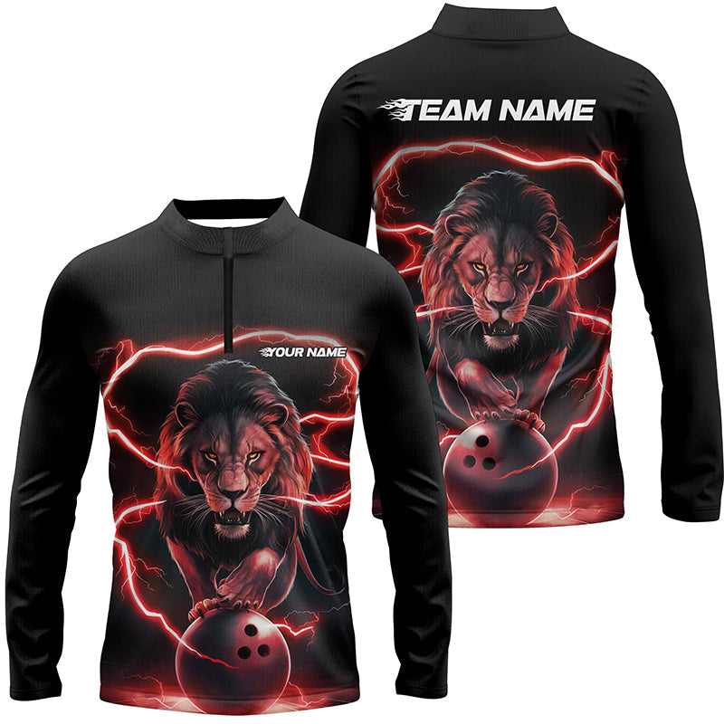 Custom Lion Long Sleeve Bowling Quarter Zip Shirts For Men, Bowling Shirts Bowling Uniform | Red IPHW6784