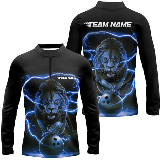 Custom Lion Long Sleeve Bowling Quarter Zip Shirts For Men, Bowling Shirts Bowling Uniform | Blue IPHW6785