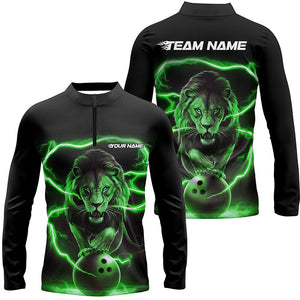 Custom Lion Long Sleeve Bowling Quarter Zip Shirts For Men, Bowling Shirts Bowling Uniform | Green IPHW6786