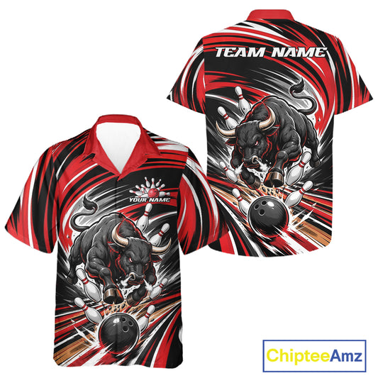 Front and back views of a short-sleeve bowling button up with a red, black, and white bull graphic, bowling pins, and bowling balls on a white background. 