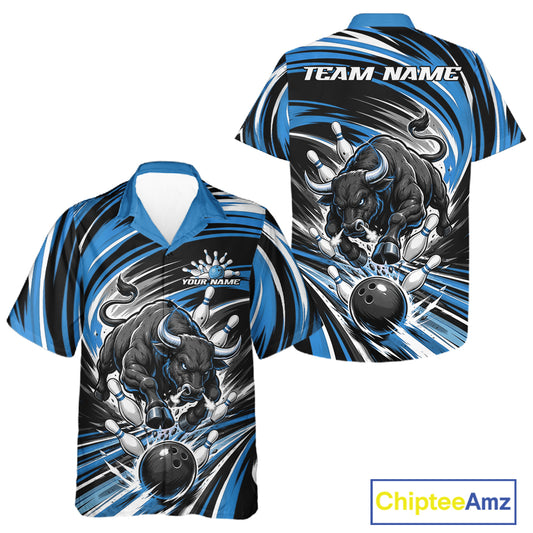 Custom bowling-themed short-sleeve button-up shirt shown from both front and back. The design features a black bull graphic bowling with white bowling pins and balls over a dynamic blue, black, and white swirl background.