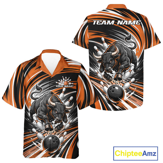 Front and back views of a short-sleeve bowling button up shirt with a black and orange bull graphic, bowling pins, and bowling balls on a white background. The shirts have customizable text placeholders 'TEAM NAME' and 'YOUR NAME'.