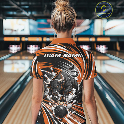Custom Black And Orange Angry Bull Bowling Jerseys, Bowling Team Women Quarter-Zip Shirt IPHW11820