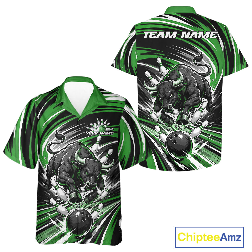 Custom Black And Green Angry Bull Bowling Jerseys, Bowling Team League Men And Women Button Up Shirt IPHW11821