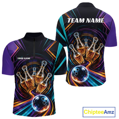 Custom Colorful Wine Bowling Men Quarter Zip Shirts, Wine Lovers Bowling Team Jersey IPHW11829