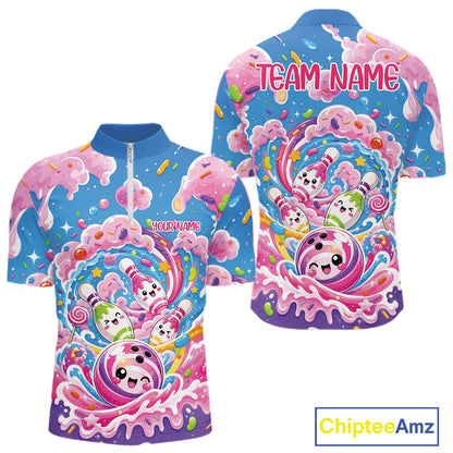 Custom Colorful Cute Funny Candy Bowling Men Quarter Zip Shirt, Playful Bowling Shirt IPHW11831