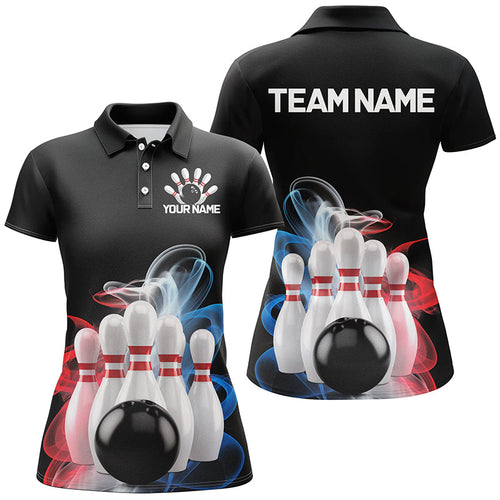 Custom Blue And Red Smoke Ladies Bowling Shirts, Bowling Uniform Patriotic Bowling Shirt IPHW7374