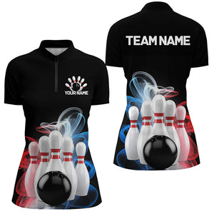 Custom Blue And Red Smoke Ladies Bowling Shirts, Bowling Uniform Patriotic Bowling Shirt IPHW7374