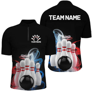 Custom Blue And Red Smoke Bowling Shirts For Men, Bowling Uniform Patriotic Bowling Team Shirt IPHW7374