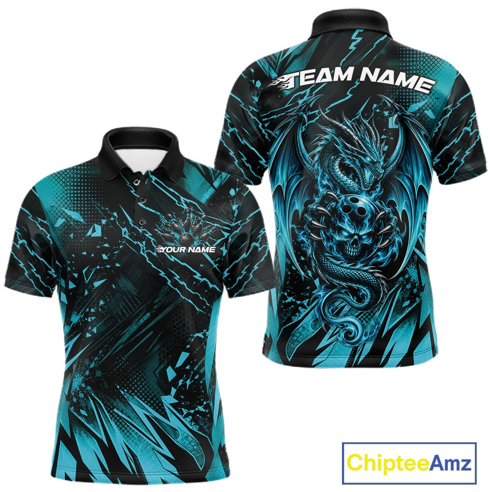 Custom Black And Teal Blue Dragon Bowling Men Polo Shirt, Skull Bowling Ball Jersey IPHW12119