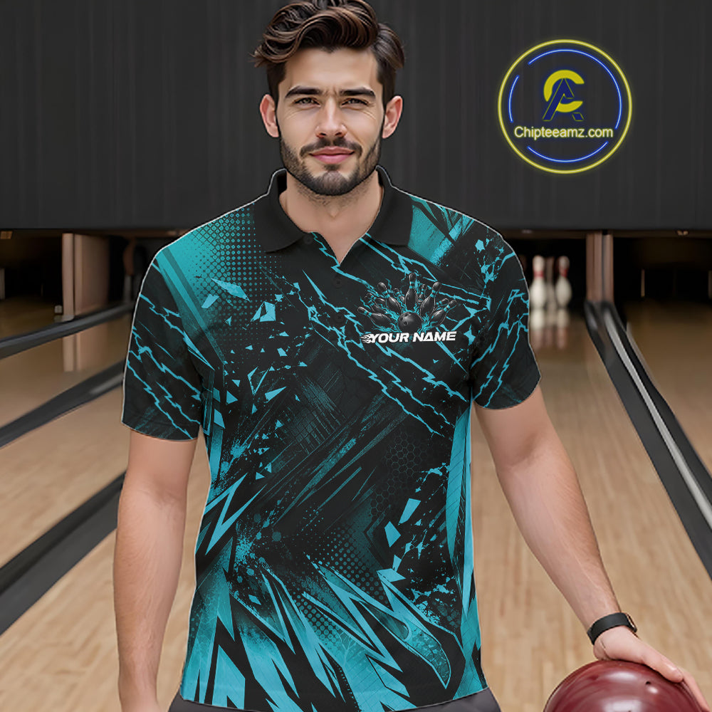 Custom Black And Teal Blue Dragon Bowling Men Polo Shirt, Skull Bowling Ball Jersey IPHW12119