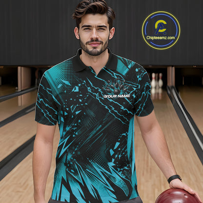 Custom Black And Teal Blue Dragon Bowling Men Polo Shirt, Skull Bowling Ball Jersey IPHW12119
