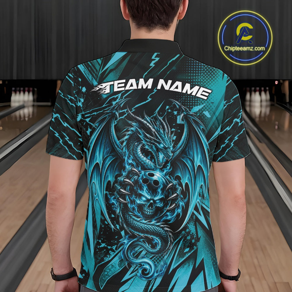 Custom Black And Teal Blue Dragon Bowling Men Polo Shirt, Skull Bowling Ball Jersey IPHW12119